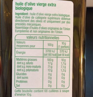 Huile d'olive vierge extra Assemblage d'huiles d'olive origine UE et non UE - Tableau nutritionnel