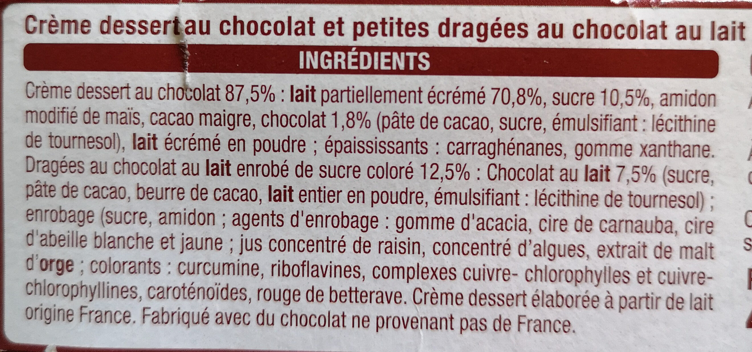 Crème dessert Choco' Color - Ingrédients
