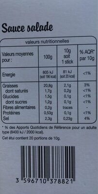 Sauce salade20 doses individuelles - Nutrition facts