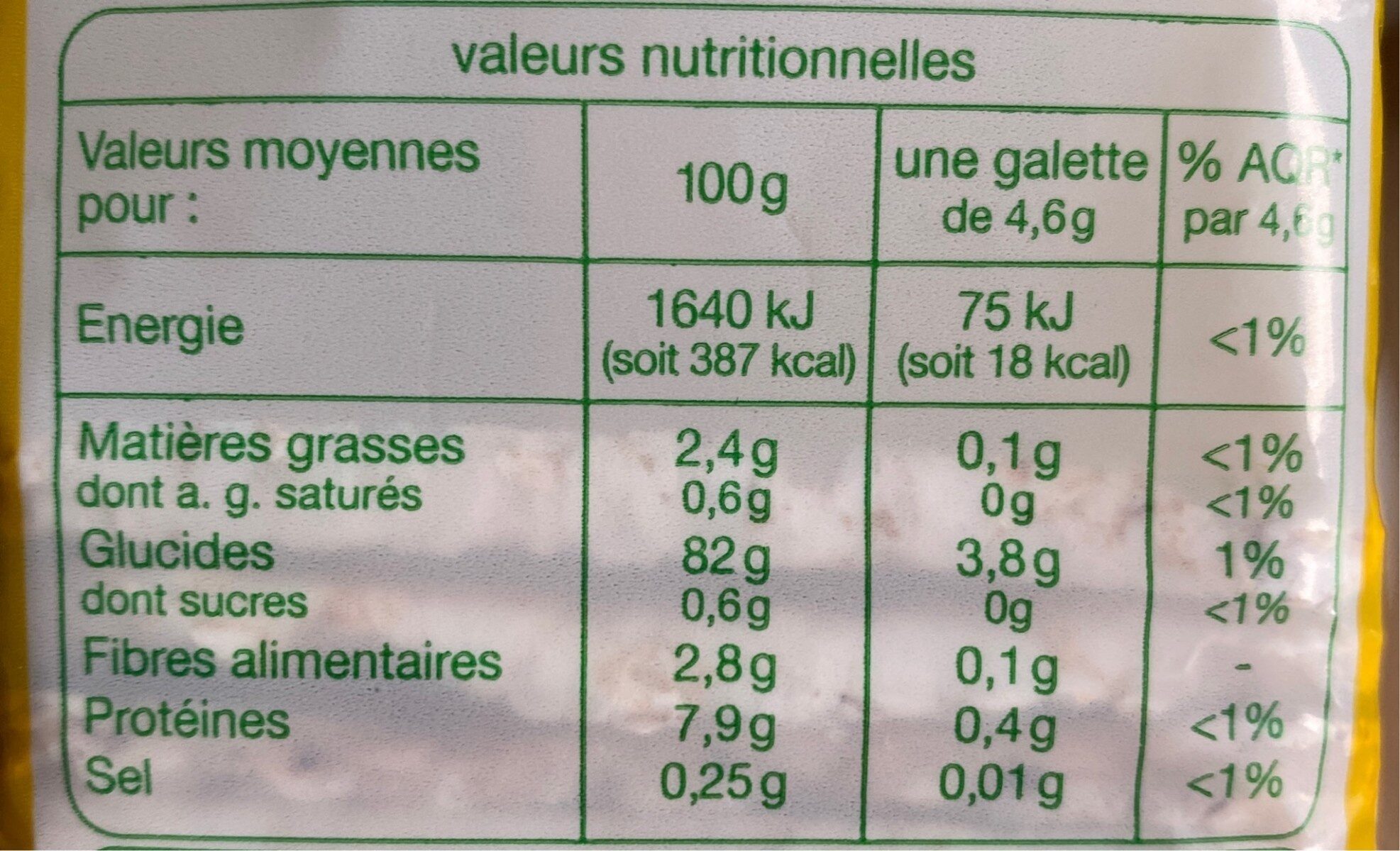 Fines galettes de riz complet - Tableau nutritionnel
