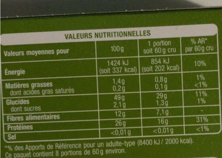 Lentilles corail - 500 g - Auchan - Tableau nutritionnel