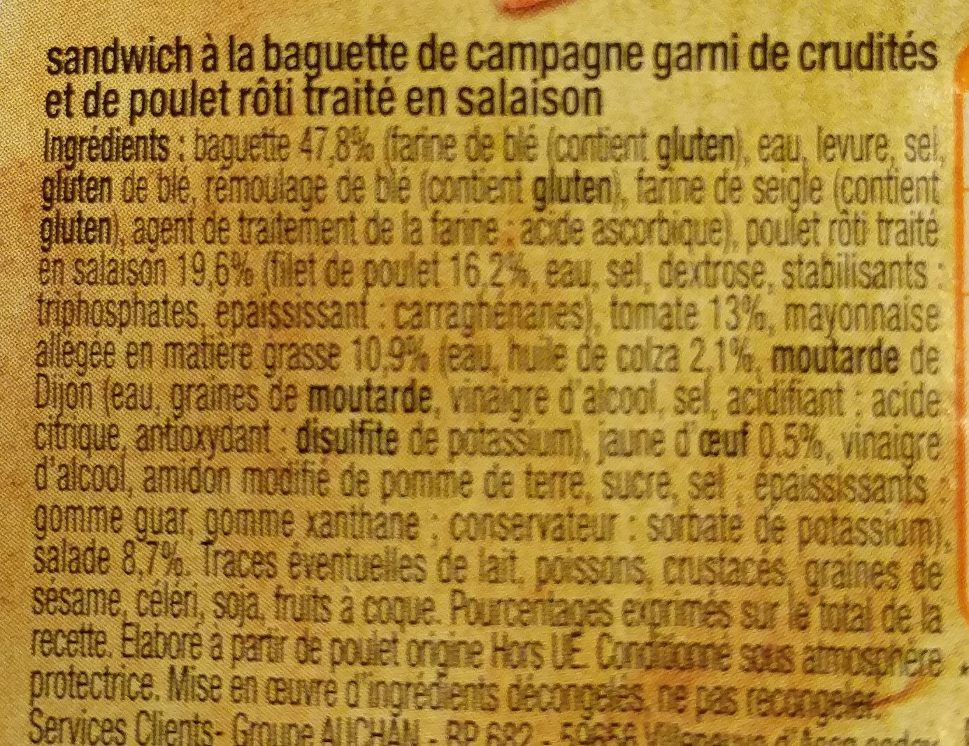 Pause snack - Sandwich Poulet Crudités baguette campagne - Ingrediënten - fr
