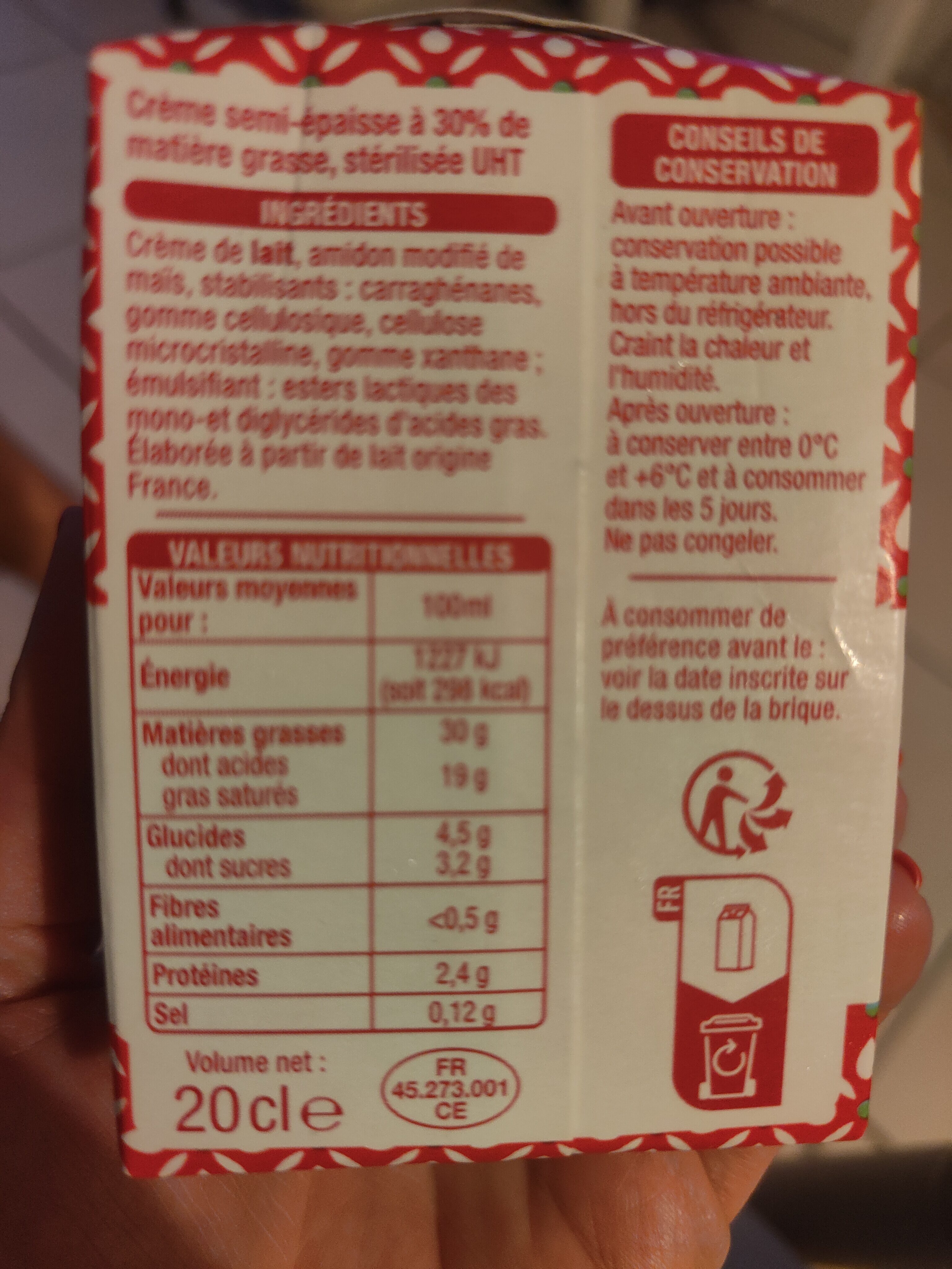 Crème entière semi-épaisse30% mat. gr. - Ingredients - fr