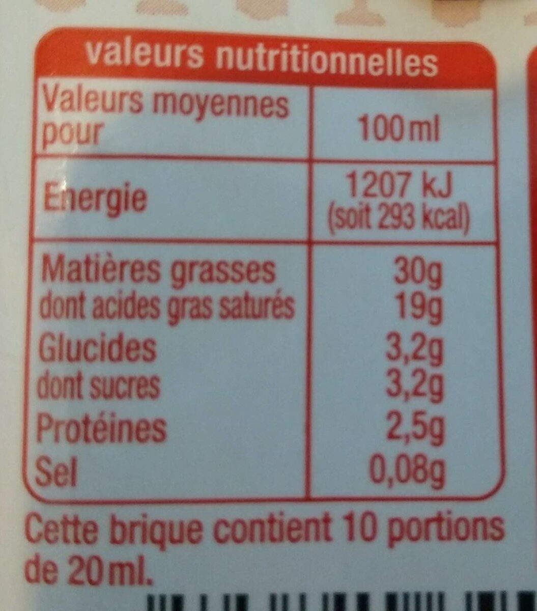 Crème entière fluide30% mat. gr. - Tableau nutritionnel