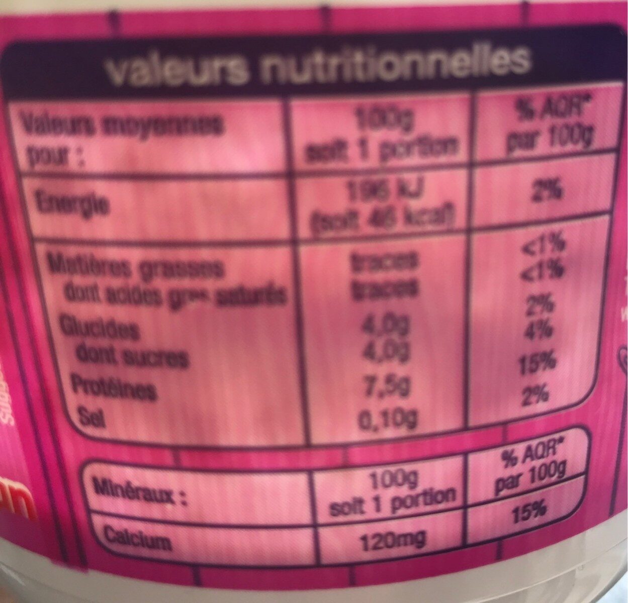 Fromage blancDoux et Onctueux0% de matière grasseLait Origine FranceSource de calcium - Tableau nutritionnel