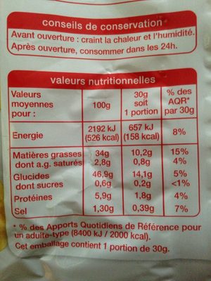 Chips nature - Tableau nutritionnel