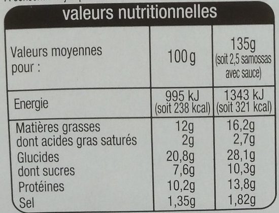 Samossas bœuf sauce aigre-douce (+1 gratuit) - حقائق غذائية - fr