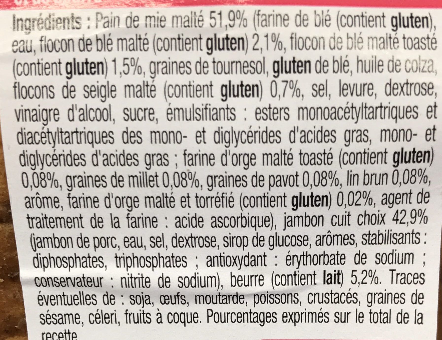 Pause Snack Jambon Pain de mie malté - Ingrediënten - fr