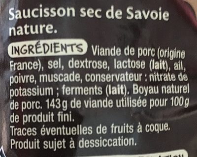 Saucisson sec de Savoie Nature - Ingredients