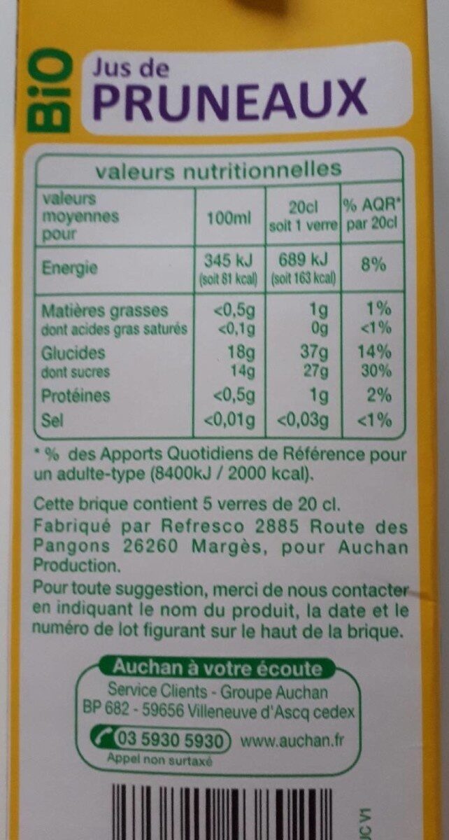 Jus de Pruneaux Bio - Nutrition facts - fr