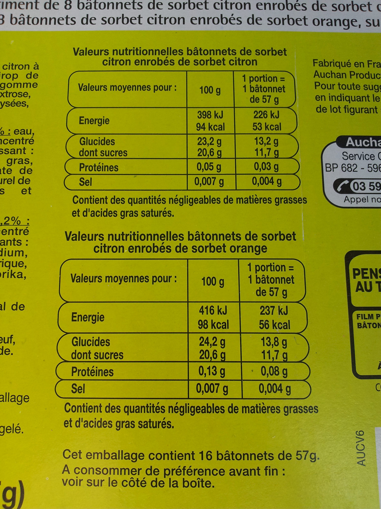 16 bâtonnets citron/orange - Tableau nutritionnel