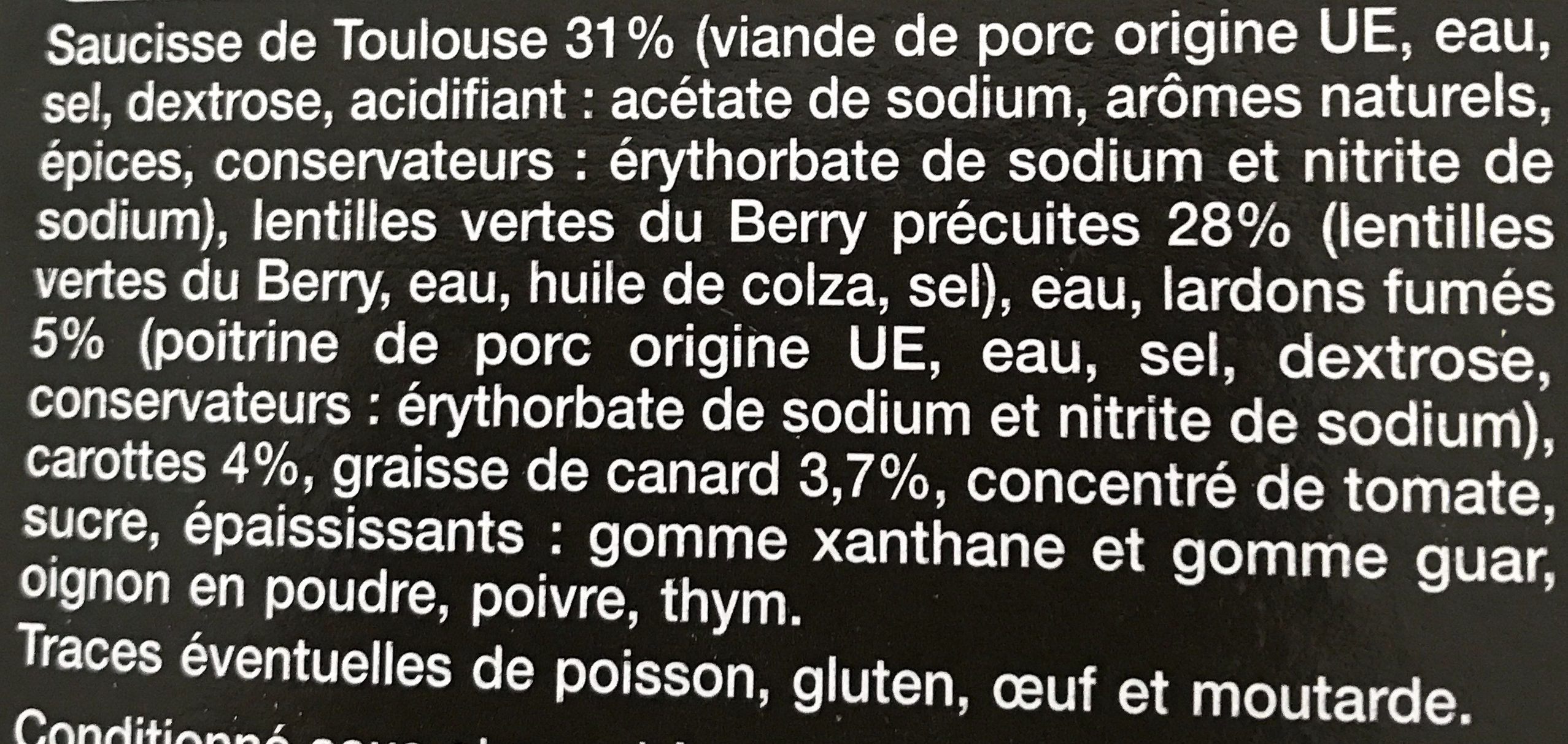 Saucisse de Toulouse et lentilles vertes de France - Ingrédients