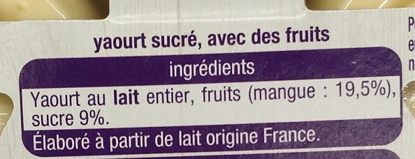 Yaourt juste 3 mangue - Ingrediënten - fr