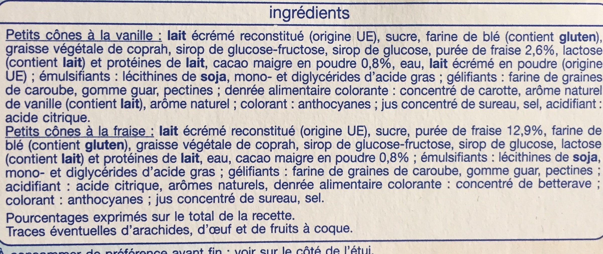 Petits Cônes Fraise et Vanille - Ingrédients