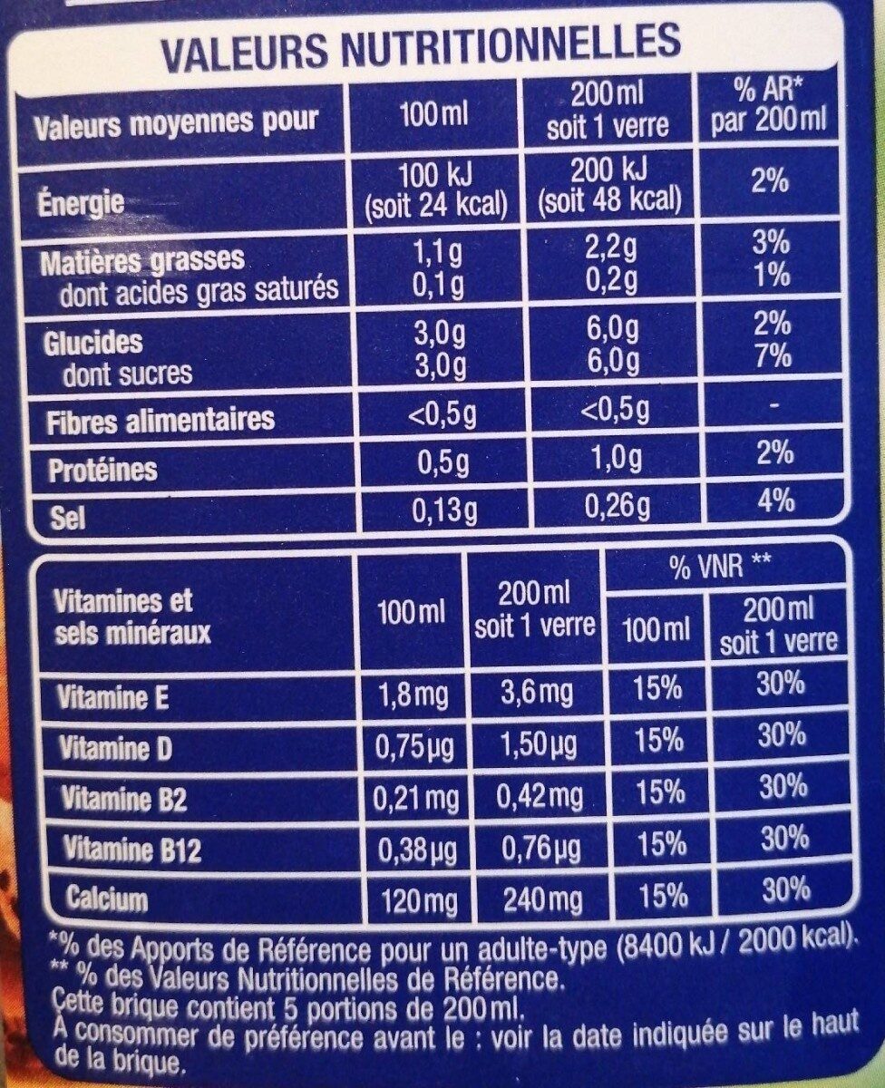 Boisson végétale AMANDE - Tableau nutritionnel