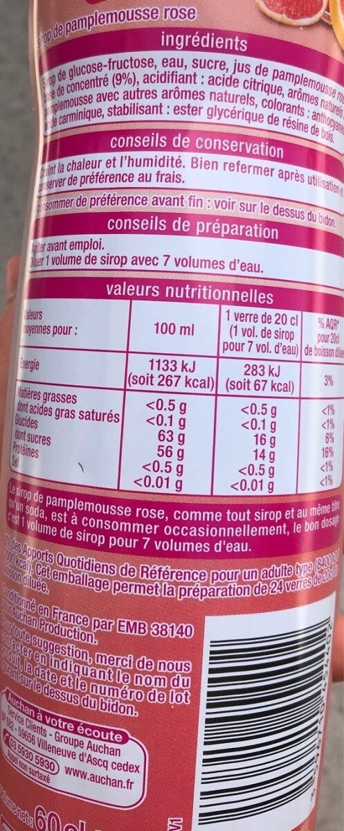 Sirop de pamplemousse rose - Nutrition facts - fr