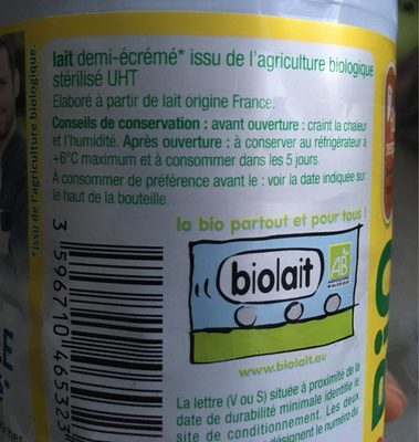 Auchan BioLAIT DEMI ECREMEORIGINE FRANCE SOLIDAIRES POUR SOUTENIR NOS PRODUCTEURSFilière responsable1L - Ingrédients