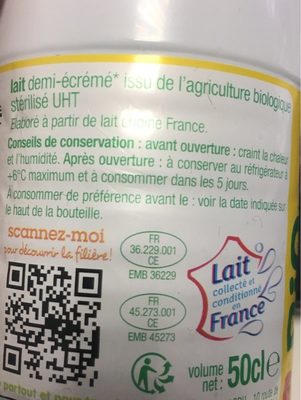Auchan BioLAIT DEMI ECREMEORIGINE FRANCE SOLIDAIRES POUR SOUTENIR NOS PRODUCTEURSFilière responsable50 cL - Ingredienti - fr