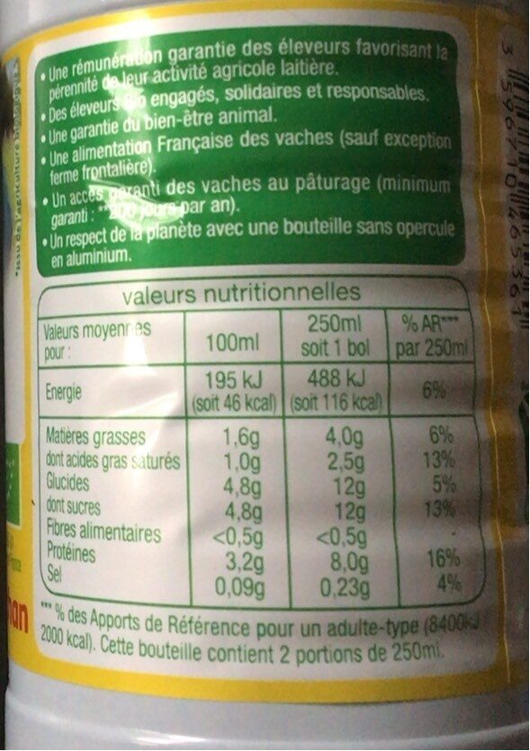 Auchan BioLAIT DEMI ECREMEORIGINE FRANCE SOLIDAIRES POUR SOUTENIR NOS PRODUCTEURSFilière responsable50 cL - Valori nutrizionali - fr