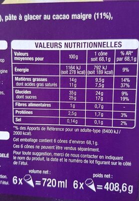 Cônes vanille - Tableau nutritionnel