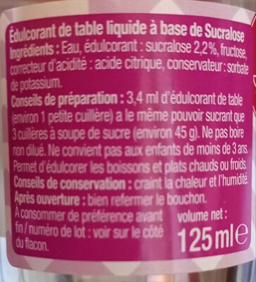 Edulcorant de table liquide Sucralose - Ingrédients