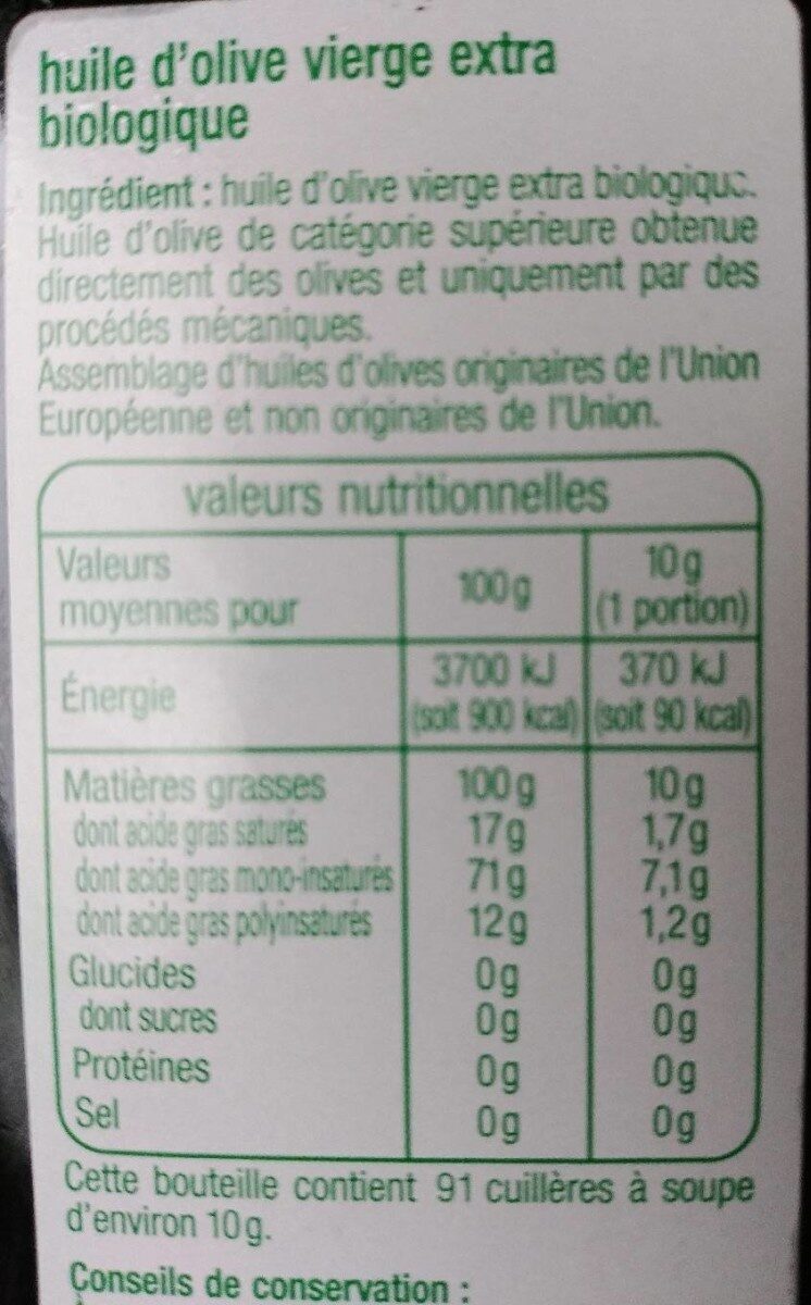 Huile d'olive vierge extra - Assemblage d'huiles d'olive origine UE et non UE - Tableau nutritionnel