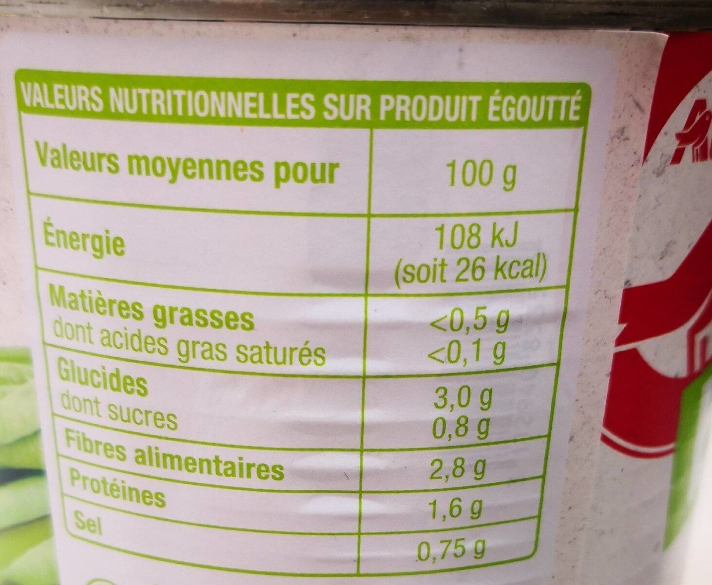 Haricots verts extra fins issus de l'agriculture biologique - Tableau nutritionnel