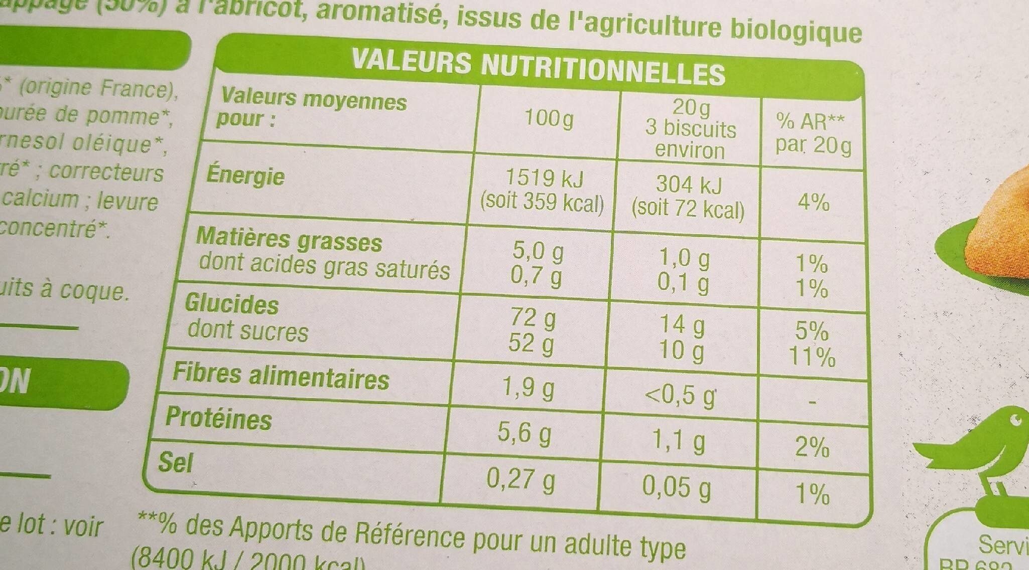 Barquettes à l'abricot Bio - Nutrition facts - fr
