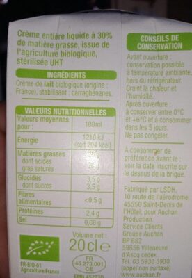 Bio fluide30% mat. gr. entière - Tableau nutritionnel