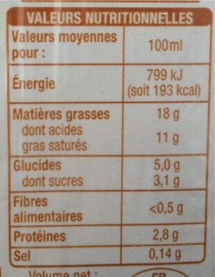 Semi-épaisse18% mat. gr. legere - Nutrition facts - fr