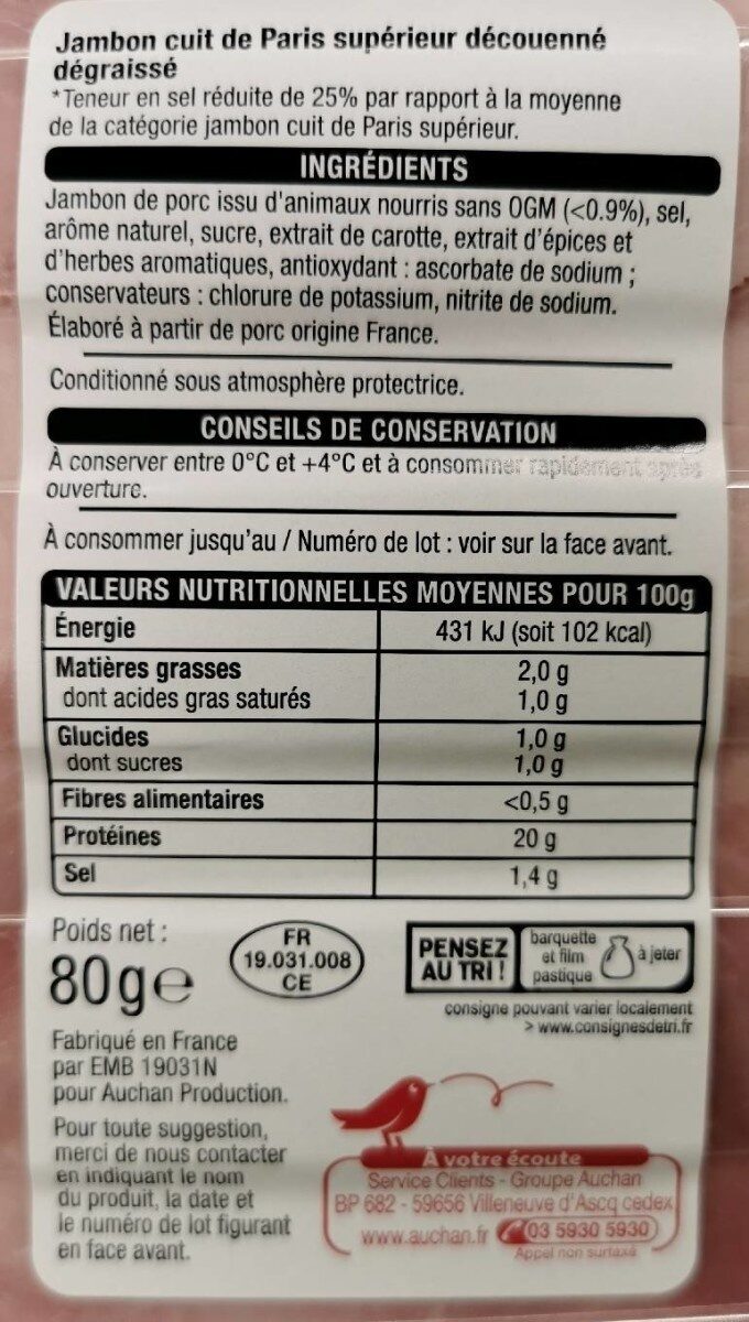 Jambon de Paris Sans Couenne - Valori nutrizionali - fr