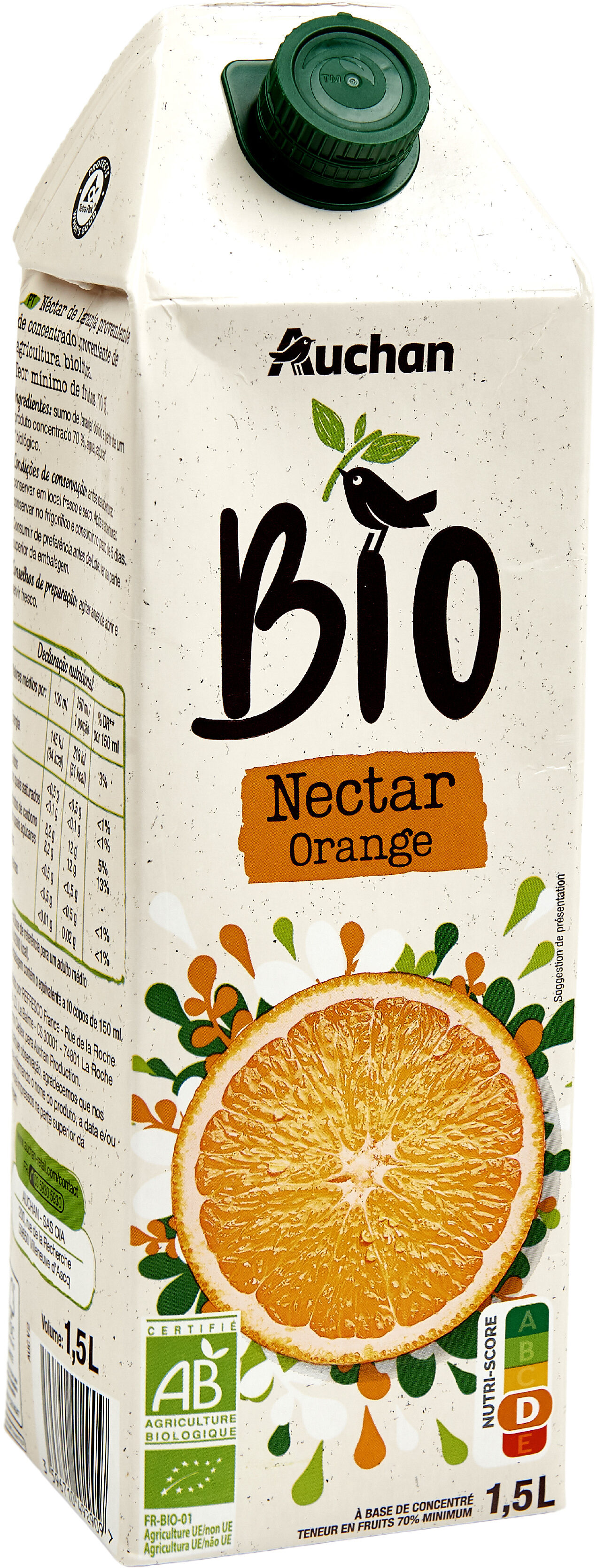 Nectar d'orange biologique. A base de concentré, Teneur en fruits : 70% minimum. - Produit