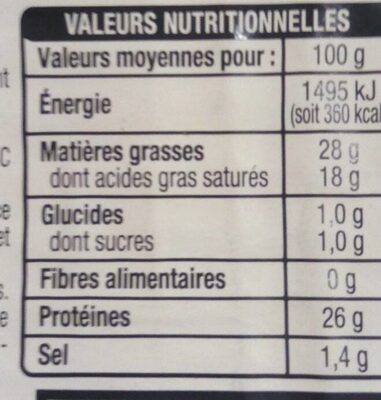 Raclette Naturesans croûte - Tableau nutritionnel
