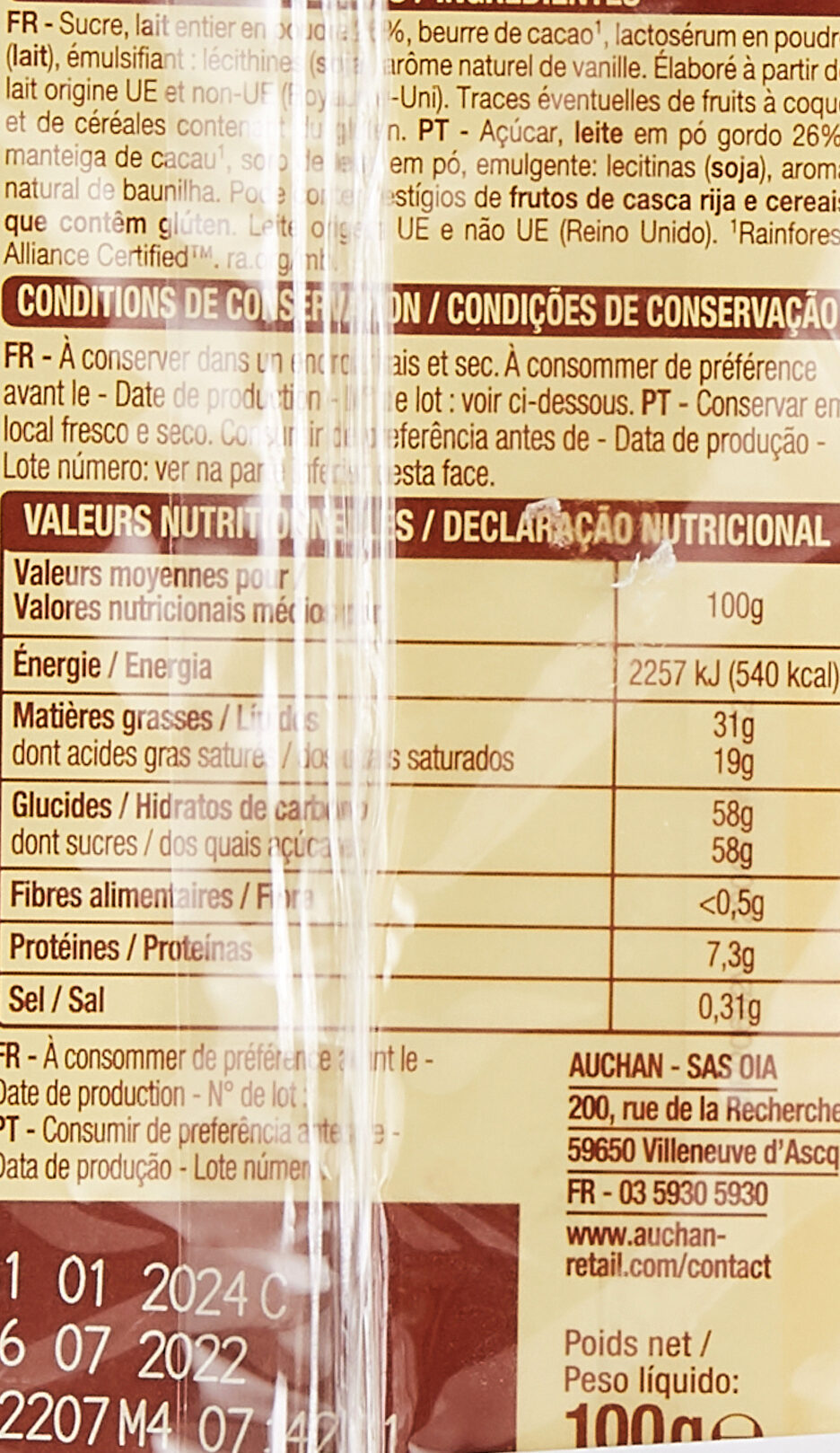 Auchan chocolat blanc 2x100g - Nährwertangaben - fr
