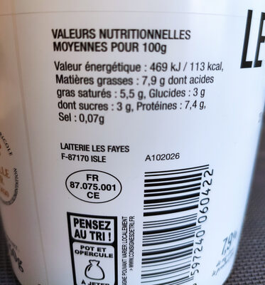 Le fromage blanc des Limousins - Tableau nutritionnel