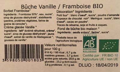 Bûche artisanale vanille framboise bio - Ingrédients