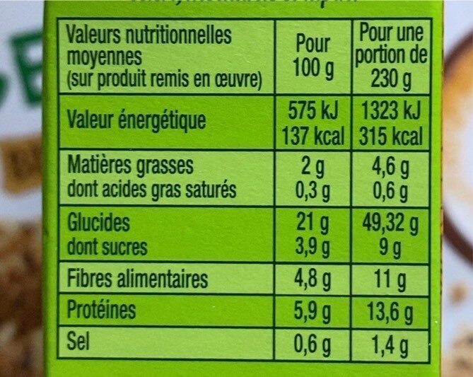 céréales et lentilles - Nutrition facts - fr