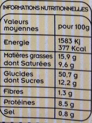Brioche Vendéenne - Tableau nutritionnel