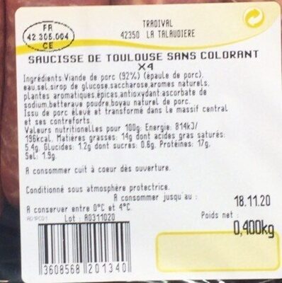 Saucisse de Toulouse sans colorant - Produit