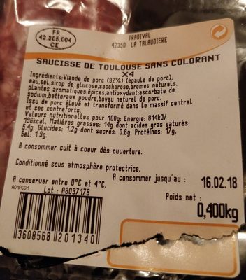 Saucisse de Toulouse sans colorant - Ingrédients