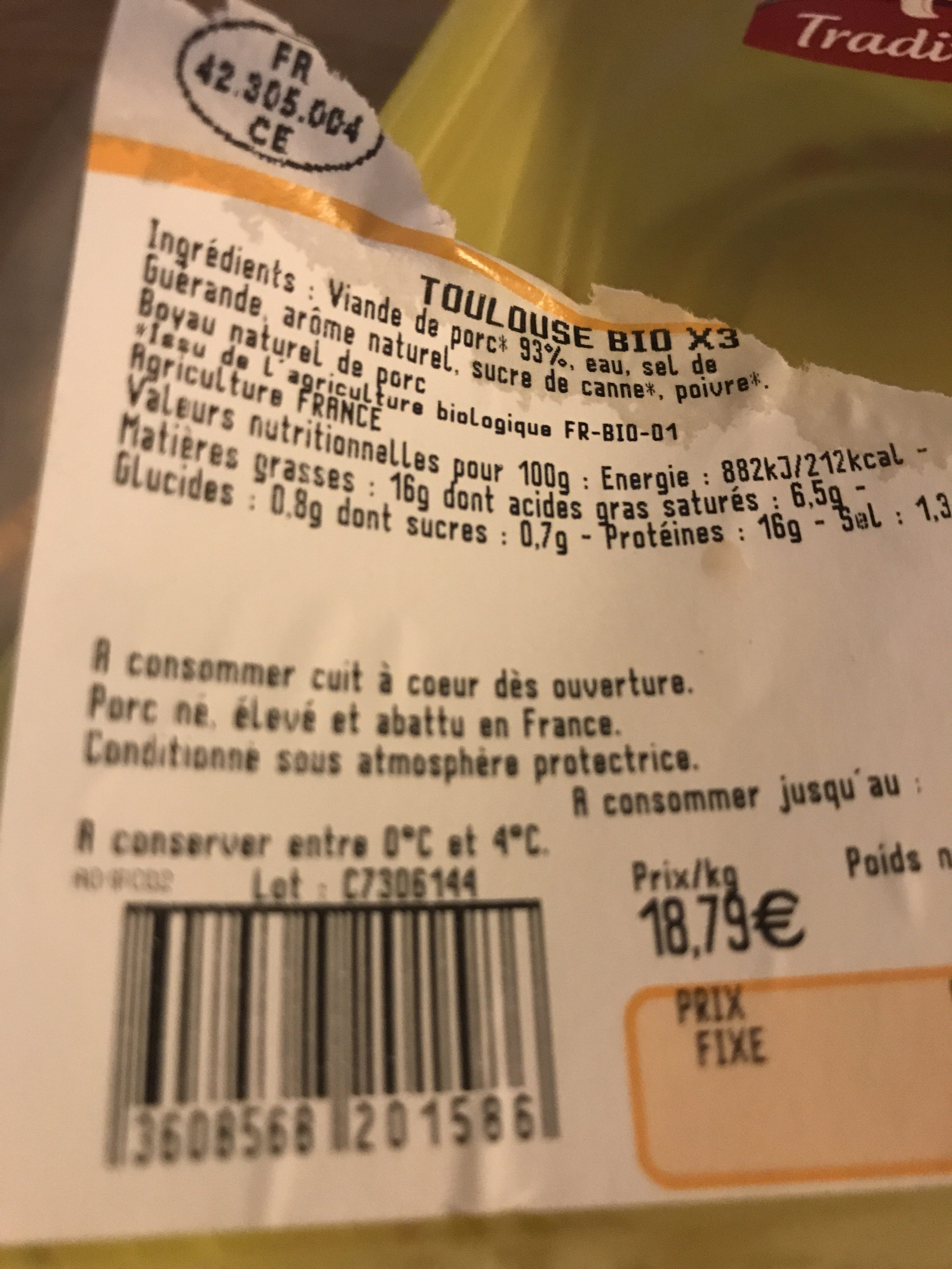 Saucisses de Toulouse BIO - Ingrédients