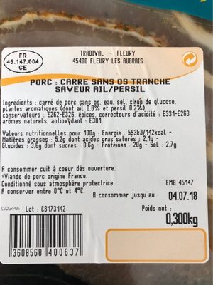 Lomo filet de porc ail et persil - Tableau nutritionnel
