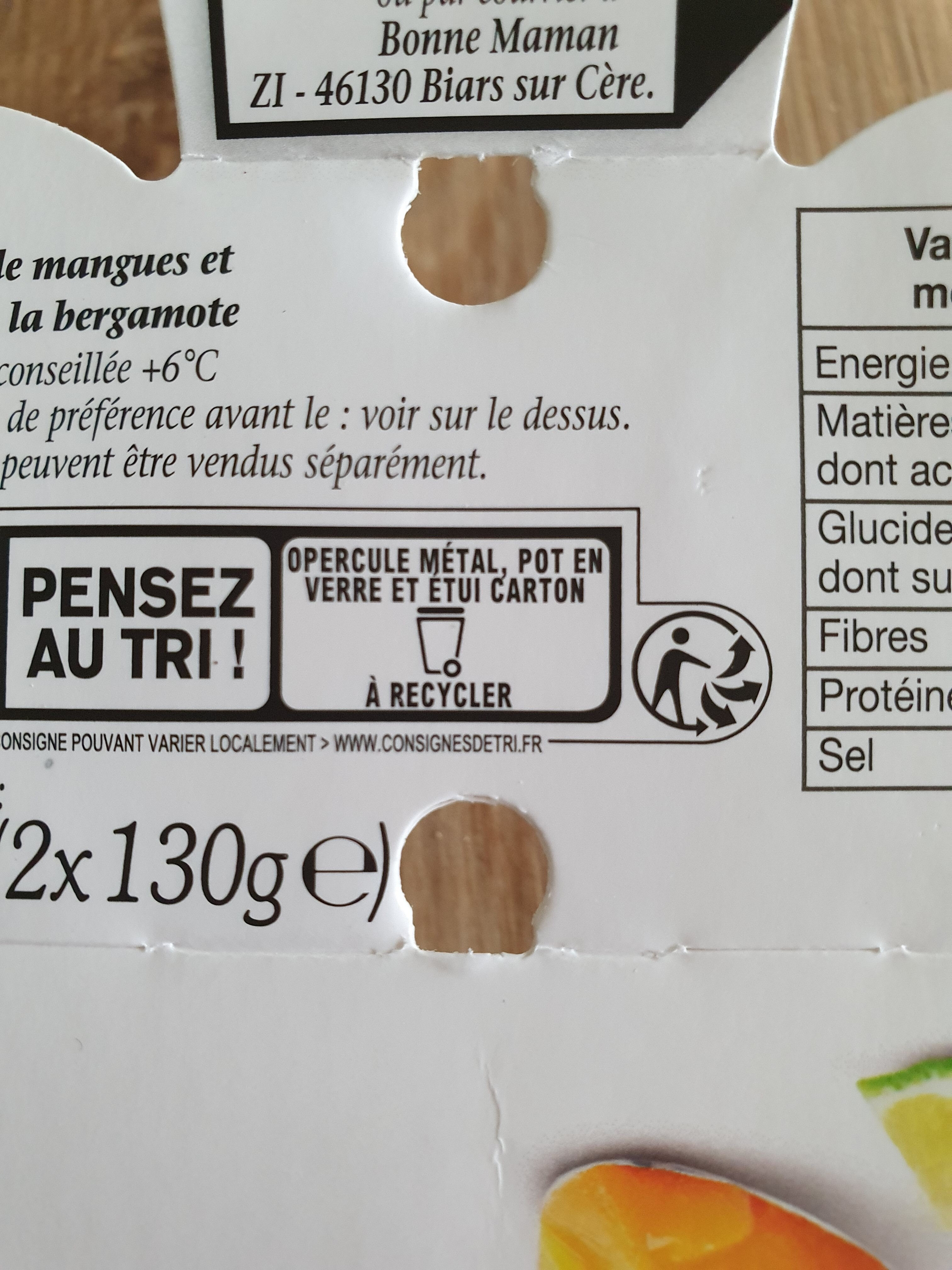 Compotée Mangue et Pêche Délicate Bergamote - Recycling instructions and/or packaging information - fr