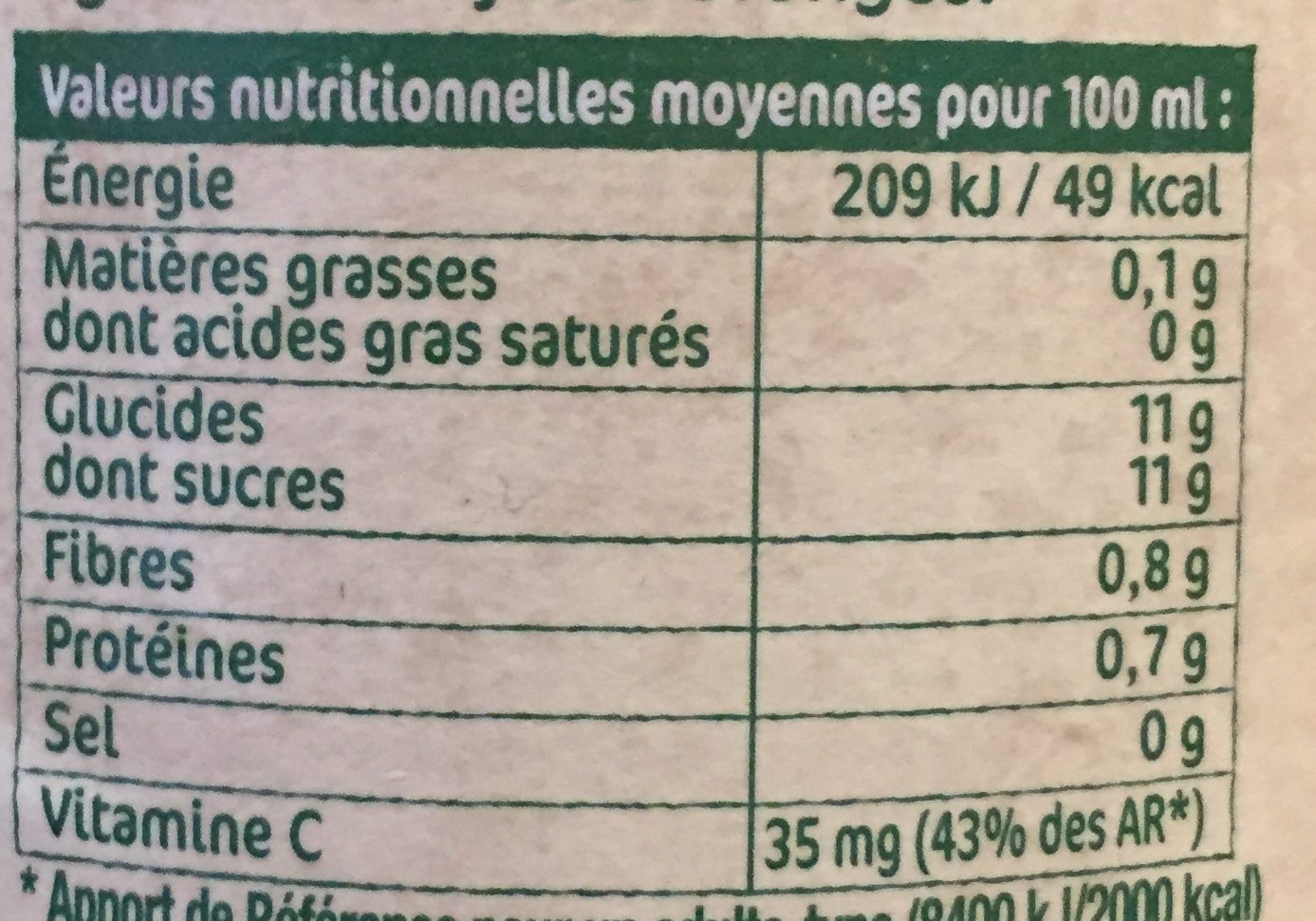 100% pur jus Oranges Pressées - Nutrition facts - fr
