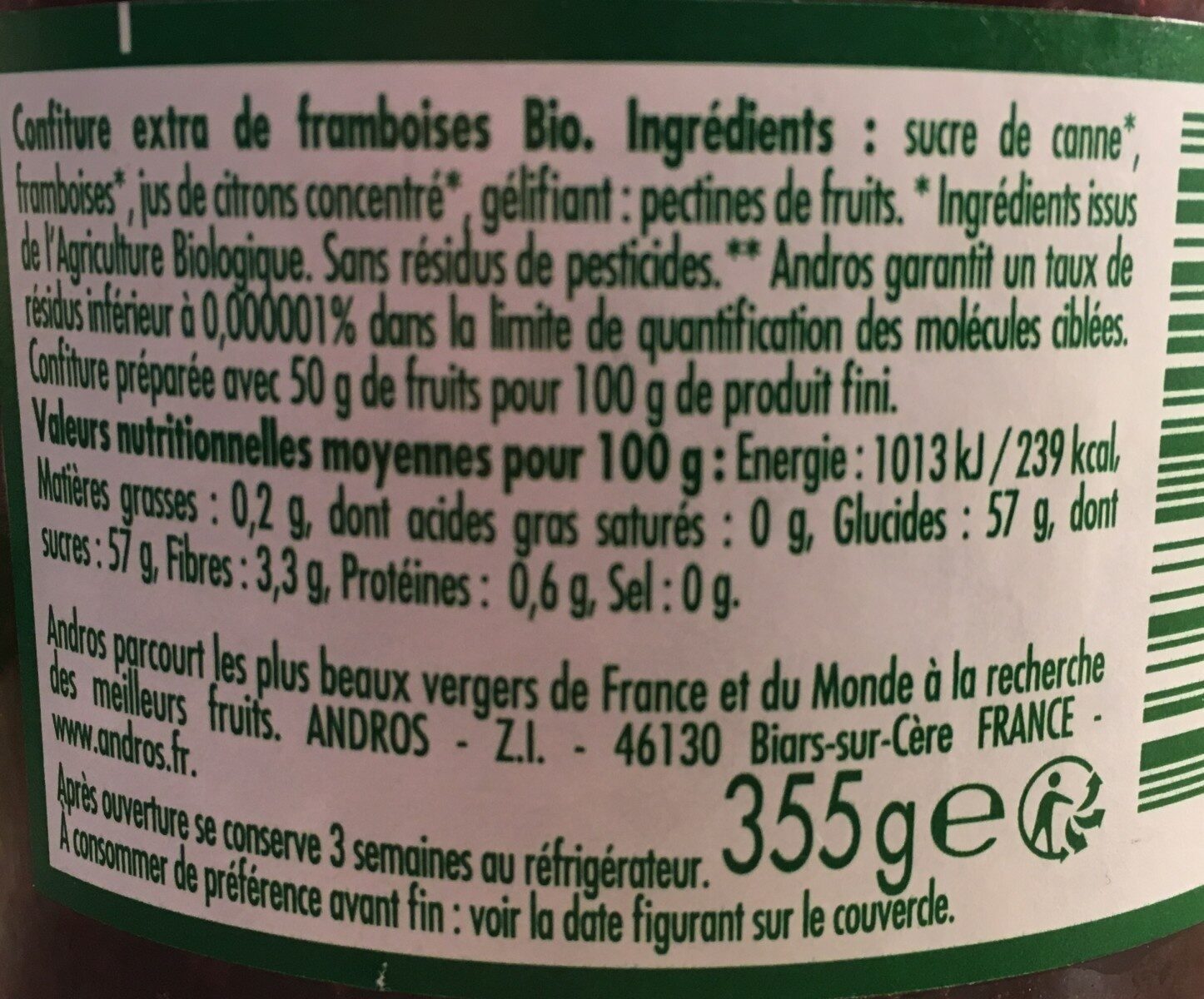 Confitures framboises bio - Nutrition facts - fr