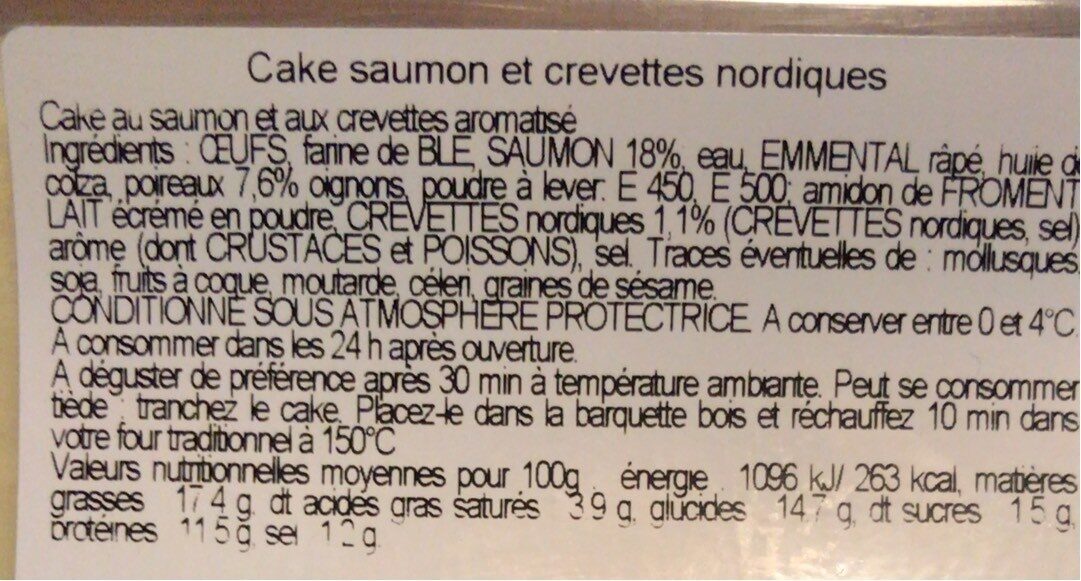 Cake saumon crevettes - Tableau nutritionnel