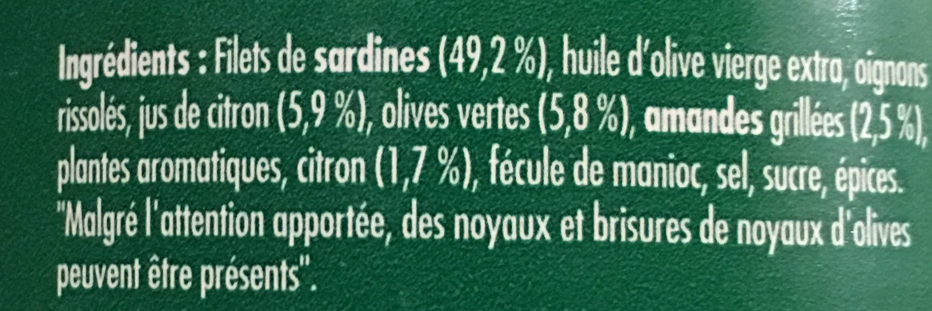 Emietté de sardine citron, olives et amandes - Ingrédients