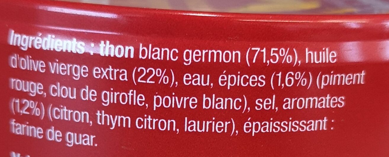 Thon blanc Germon, huile d’olive vierge, épices et aromates - المكونات - fr