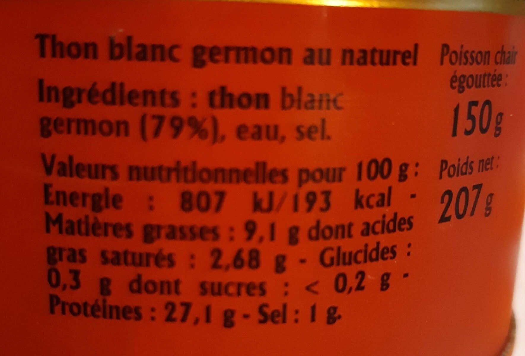 Thon blanc germon au naturel - Tableau nutritionnel