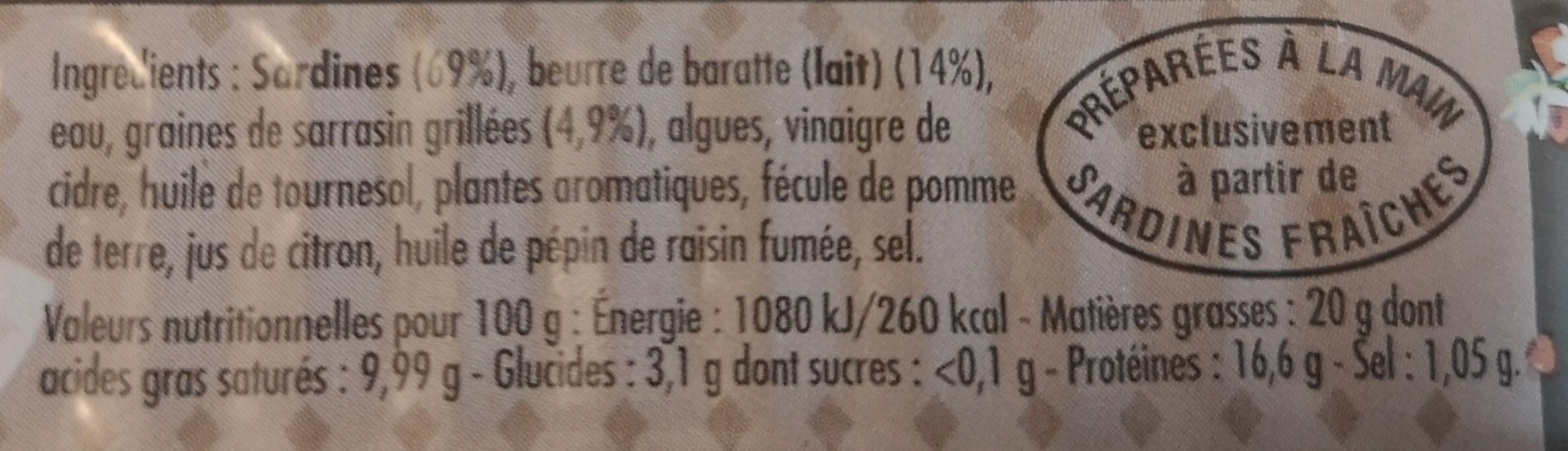 Sardines cuisinées au sarrazin et au beurre de baratte - Nutrition facts - fr